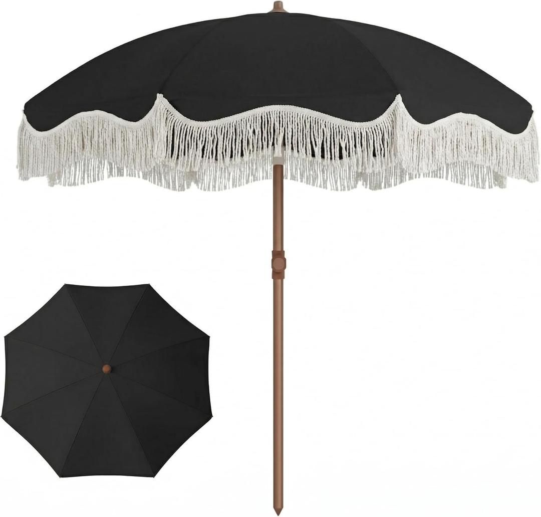 7ft Patio Umbrella with Fringe, Boho Beach Umbrellas, Outdoor Tassels Umbrellas with Push Button Tilt & Carrying Bag, 8 Windproof Fiberglass Ribs, UPF50+