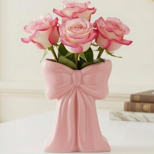 Jingmore Pink Bow Vase Coquette Ceramic Vase Pen Holder Makeup Brush Holder Contemporary Design Decorative Women Gift for Wedding Home Office Shelf Table Room(Medium, Elegant)