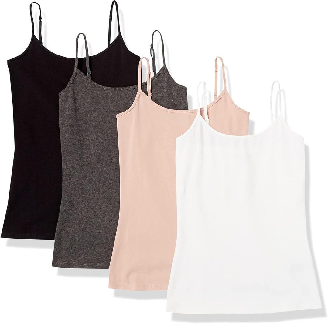Amazon Essentials Women's Slim-Fit Camisole for Layering and Everyday Wear, Pack of 4, Size Small (Black/Charcoal Heather/Dusty Pink/White)
