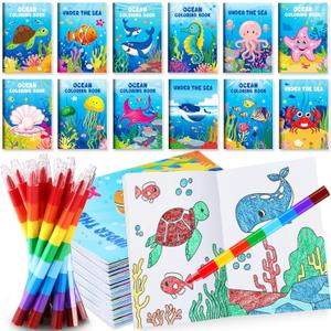 BenLouis 12 Under the Sea Mini Coloring Books Kids with 12 Stacking Crayons Ocean Animals Party Favors Small Activity Books Bulk for Kids Fish Birthday Party Gift Goodie Bag Stuffers