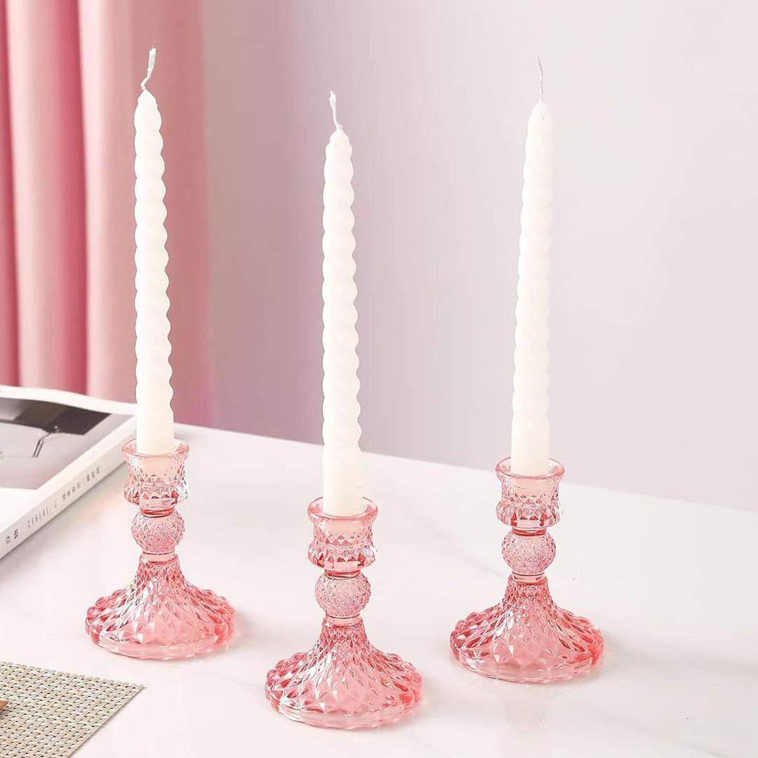 Glass Candlestick Holder Taper and Candle Holder Desktop Decoration for Wedding Dinning Party-3 pcs (Pink)