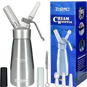 Profesional Aluminum Whipped Cream Dispenser - Ugraded Full Metal Cream Whipper Canister, w/Durable Metal Body & Head with 3 Decorating Tips (Professional Silver 250 ML)