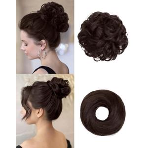 2PCS Messy Bun Hair Piece-Large Wavy Curly & Donut Updo Hair Pieces Set, Scrunchies Synthetic Chignon Ponytail Extensions Thick Updo for Women(Brown)