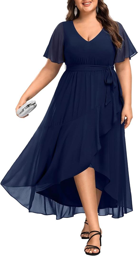 Womens Plus Size Long Dress Chiffon High Low Split Ruffle Evening Bridesmaid Wedding Guest Formal Maxi Dresses (Navy Blue) Size 22W