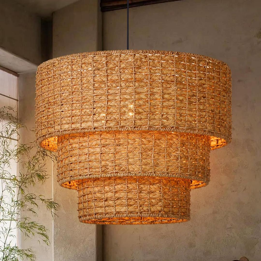 Arturesthome Rattan Pendant Light Fixture Rattan Chandelier 3-Light Natural Handwoven Ceiling Hanging Light,Bohemian Pendant Lighting for Foyer Hallway Bar Dia 19.6* 15.7 (50CM*40CM)