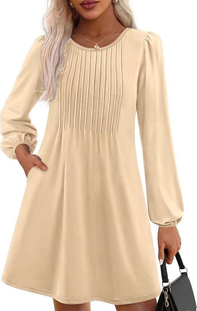 PRETTYGARDEN Fall Dresses for Women 2026 Long Sleeve Mini Short Flowy A Line Casual Holiday Party Tunic Dress Fashion Clothes (Beige, M)