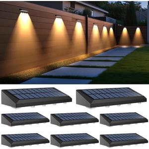 Solar Fence Lights Outdoor, 8 Pack Fence Lights Solar Powered with 4 LED, Fence Solar Light Outdoor IP65 Waterproof Deck Light for Backyard, Railing, Patio, Stair, Wall, Step - Warm Lighting
