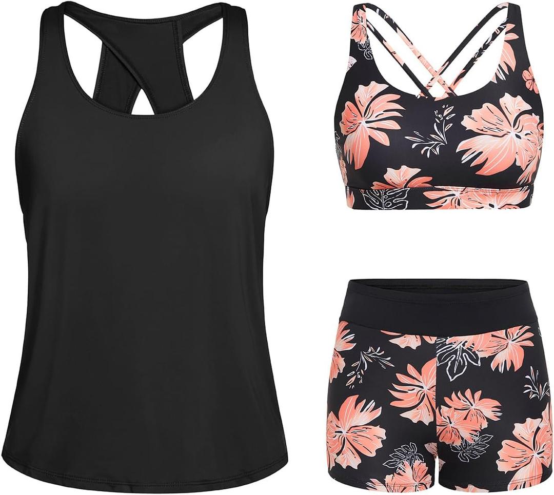Tempt Me 3 Piece Tankini Swimsuits for Women Athletic Bathing Suits Swim Tank Top with Boy Shorts and Bra Modest Swimwear (X-Small, Black Floral)