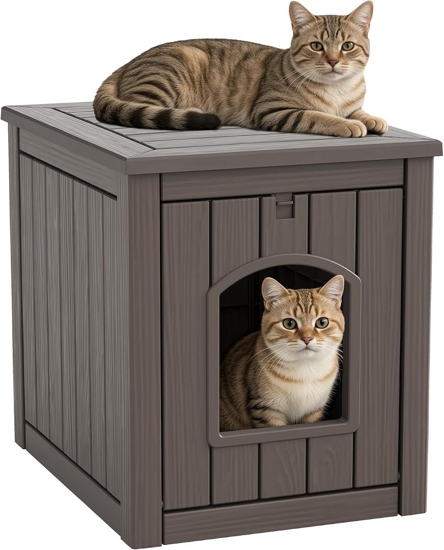 Cat Litter Box Enclosure, Openable Front Door Outdoor Enclosed Cat Litter Box, Outdoor Cat House Weatherproof Raised Floor, Easy to Clean, Grey