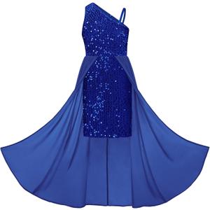 GRACE KARIN Girls Sequin Dress One Sleeve Formal Pageant Prom Party Special Occasion Dresses Size 5-14 (Blue, L)
