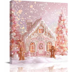 Pink Christmas Gingerbread House Canvas Wall Art for Living Room Winter Snowflake Wall Decor Printed Artwork Framed Wall Art for Bedroom Bathroom Office Home Decor 12" x 12", Pink Brown