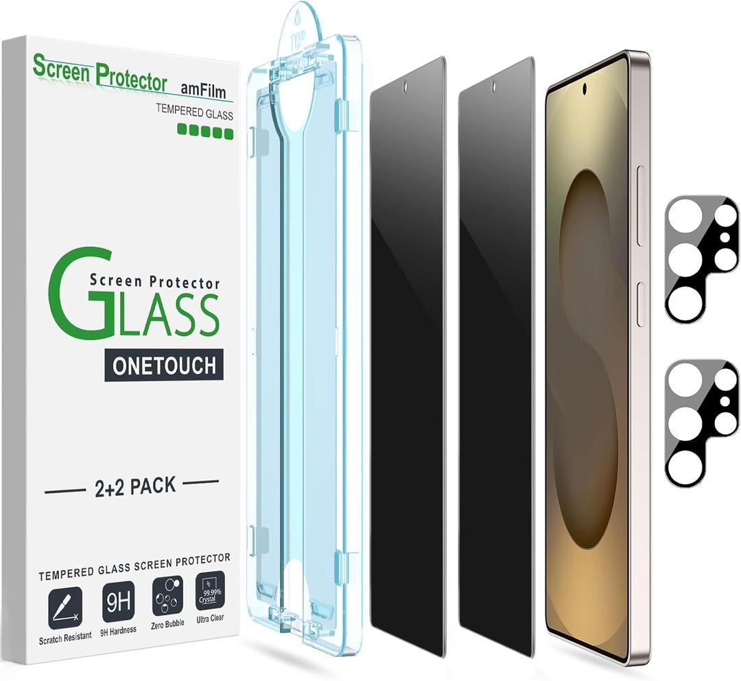 amFilm OneTouch Privacy Screen Protector for Samsung Galaxy S25 Ultra 6.9'' + Camera Lens Protector, 30 seconds Auto-Alignment install, Bubble Free, Tempered Glass, Privacy Protection 2+2 Pack