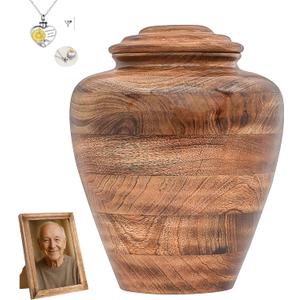 Wooden Cremation Urns for Human Ashes with Photo Frame & Heart Necklace for Ashes, Mango Wood Memorial Urn for Adults Men & Women, Decorative Funeral Urn 10x8 (220 Cu in)