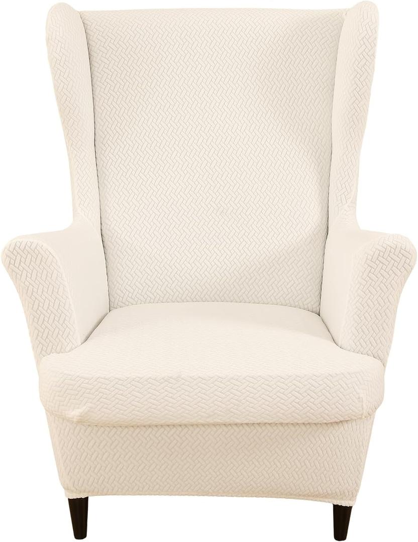 Jacquard Wing Chair Slipcovers 2 Piece Stretch Wingback Chair Cover Spandex Wing Back Armchair Covers Furniture Protector with Side Pocket for Living Room Bedroom Wingback Chair,Beige