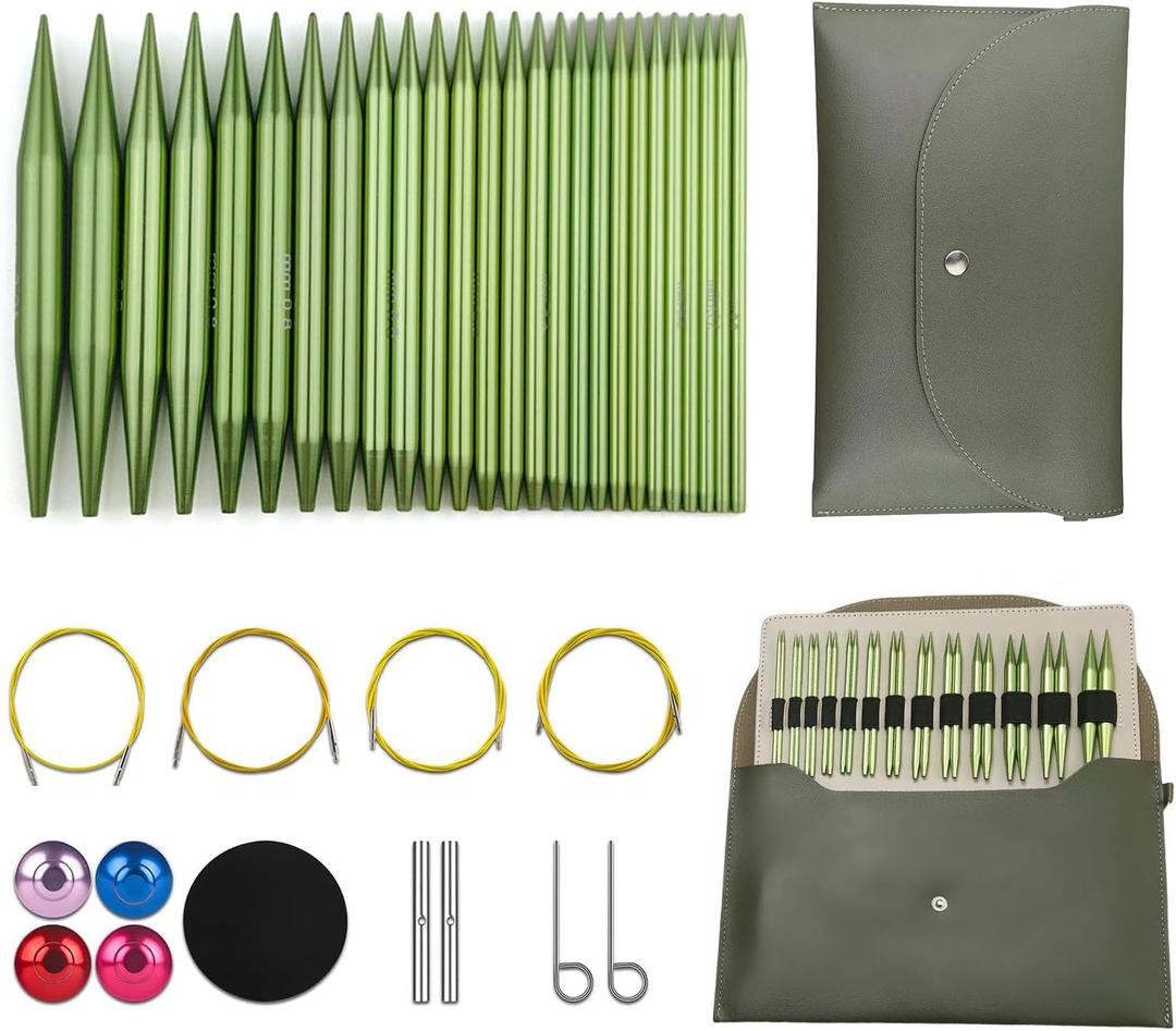 Hzkokon Knitting Needles Set Interchangeable Aluminum Circular Knitting Needles Set 13 Pairs of 4 Inch Premium Aluminum Needles & Accessories Green