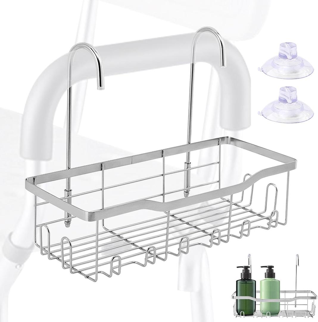 Shower Caddy Hanging, Stainless Steel Showers Organizer Rack with Hooks and Suction Cup for Elderly Seniors Disabled Handicap (Silver Color)