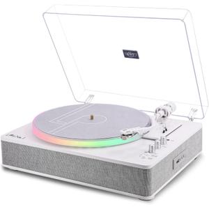 LP&No.1 Record Player with Built-in 4 Stereo Speakers, LED Control, 2-Speed Belt-Drive All-in-One Turntable with USB Playback & Recording, BT Input/Output, AT-3600L Cartridge, Pitch Control | White