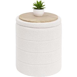 B FSOBEIIALEO Ottoman with Stroage, Round Sherpa Storage Ottoman Stool, Boucle Foot Rest 14.6"x14.6"x17.7"（White)