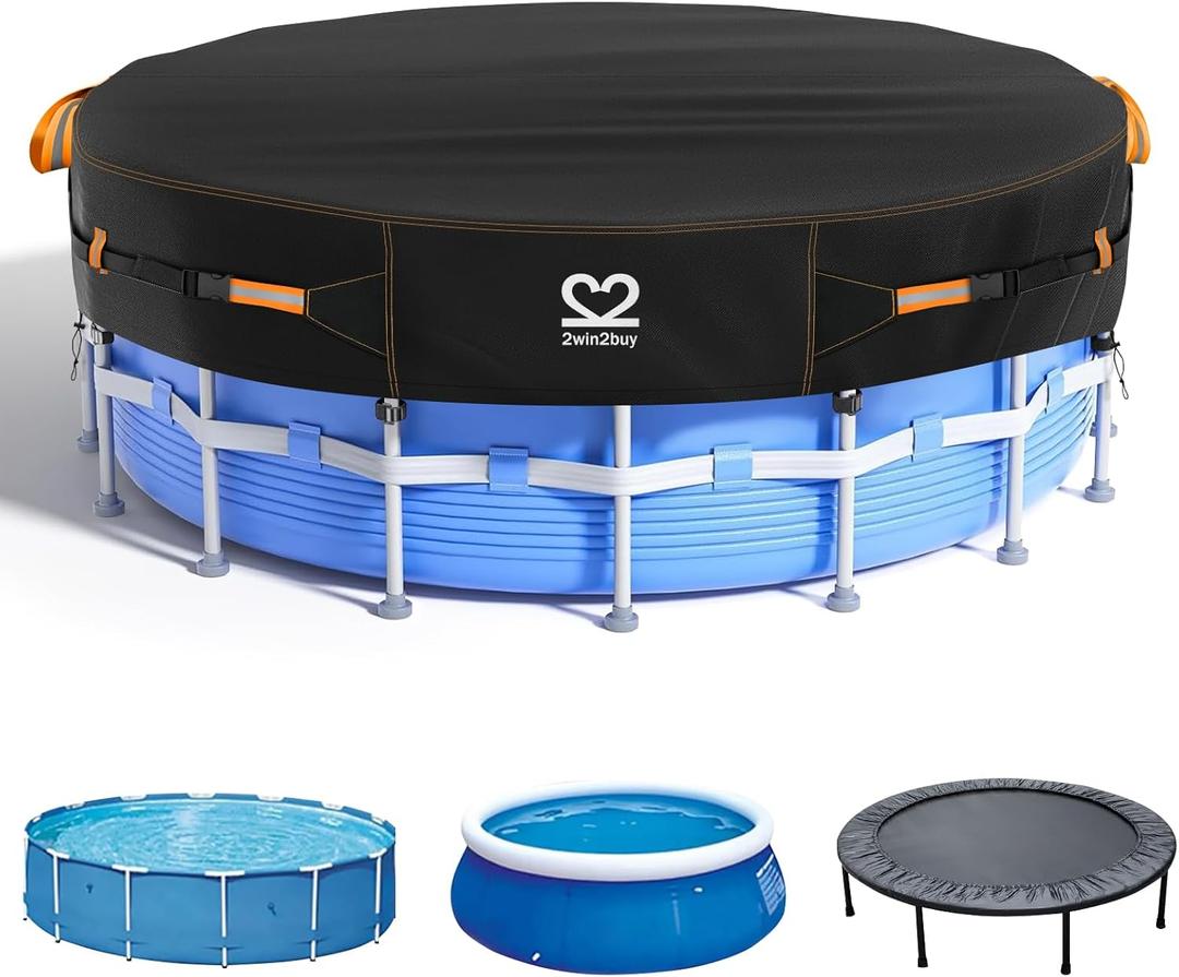 18ft Round Pool Cover Tarp, Solar Pool Covers for Above Ground Pools Heavy Duty 500D Tear-Resistant Waterproof UV Protection Winter Swimming Pools Cover with Windproof Gel-Coate Straps, Drawstring