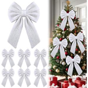 6 Pcs Knitted Large White Christmas Bows 18in Big Crochet Christmas Tree Bow Neutral Ribbon Bow Hanging for Tree Topper Winter Party Wreath Garland Fireplace Holiday Decorations