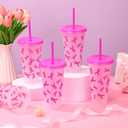 12 Pcs 24 oz Pink Disposable Pet Drinking Cups with Lid Pink Awareness Ribbon Disposable Straw for Christmas Dinner Anniversary Party Supplies Stuffers Gifts