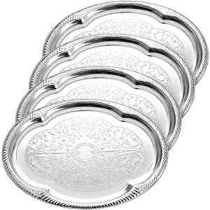 4 Pcs Large Silver Serving Tray 20.3 x 15.2 Inch Elegant Floral Metal Plate Silver Platter for Buffet Wedding Party Jewelry Decorative, Oblong, about 15.35 x 9.45 inches with handle