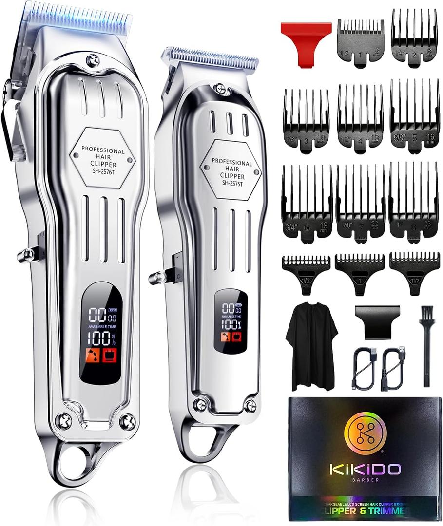 KIKIDO Hair Clippers Professional Cordless for Men, Barber Clippers for Hair Cutting Kit, Wireless LCD Display Hair Trimmers Set, Rechargeable Haircut Machine for Family (Sliver)