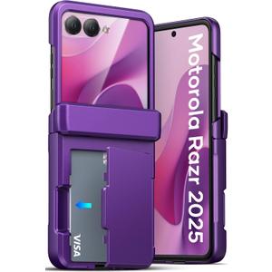 ATATOO for Motorola Razr 2025 Case, Built-in Card Holder (Store 3 Cards) & Hinge Protection & HD Screen Protector, Military Grade Protection, Hard Wallet Phone Case for Moto Razr 2025, Dark Purple