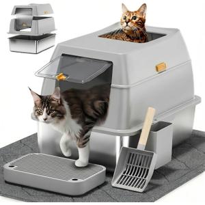 Stainless Steel Litter Box with Lid,Front Entry Top Exit Kitty LitterBox,Extra Large Enclosed Metal Cat Box with Litter Scoop & Litter Mat-Light Gray