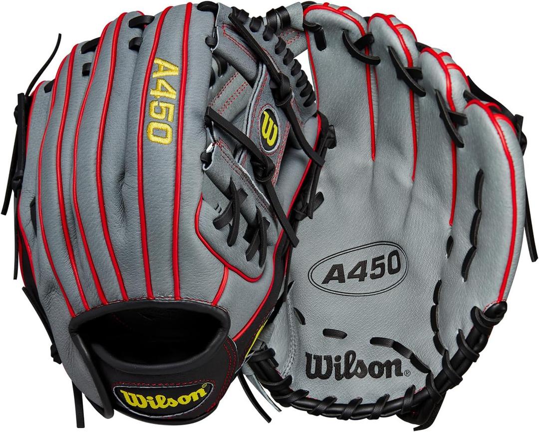 Wilson A450 11.5” Youth Infield Baseball Glove - Left Hand Throw, Grey/ Black/ Yellow