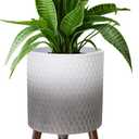 12 Inches Indoor Plant Pot with Walnut Color Stand Honeycomb Embossed Flower Pot with Drainage Holes Large Modern Planters for Indoor Plants-Gradient White Gray