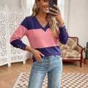 Dokotoo Womens Long Sleeve Tops V Neck Color Block Pullover Casual Sweater | Knit Tops Dressy Casual Work Officewear, Trendy Soft Cute Sweaters, Teacher Shirt, Fall Fashion 2026 Winter Clothes (Blue, XL)