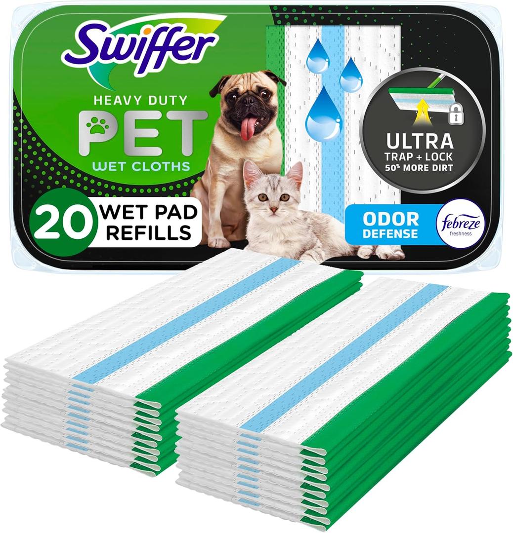 Swiffer Sweeper Pet Heavy Duty Multi-Surface Wet Cloth Refills for Floor Mopping and Cleaning, Fresh scent, 20 count (Packaging May Vary)