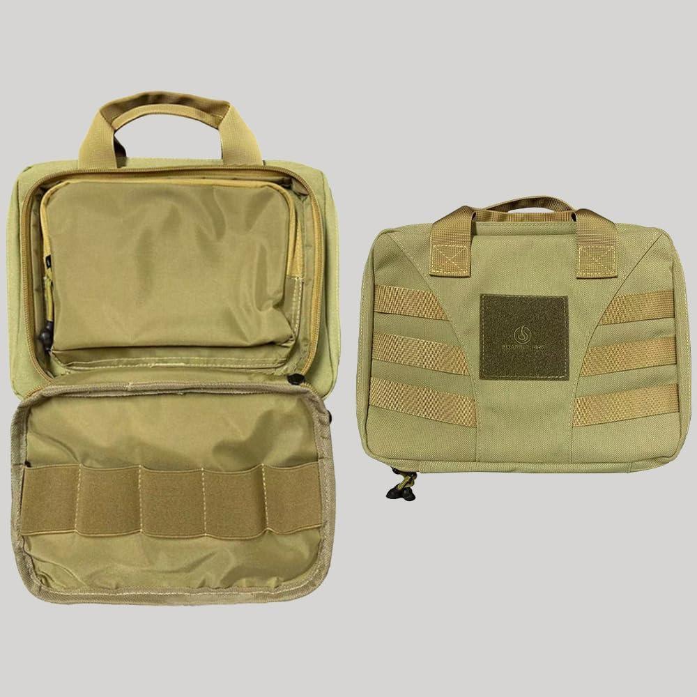 ROARING FIRE Flintlock Pistol Holster,MOLLE Tactical Pistol Case with Magazine Pouches for 2 Handguns and 5 Mags, Compact Shooting Range Bag for Revolver and Ammo Carry, EDC Range Gear, Camouflage Green (11.81"L x 1.97"W x 8.66"H)