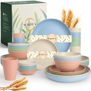 Wrova 40-Piece Wheat Straw Dinnerware Sets for 8, Unbreakable Kitchen Plates and Bowls Set with Cups Set, Soy Sauce Dish for BBQ, Microwave and Dishwasher Safe Dishware Sets for Kitchen- Nordic