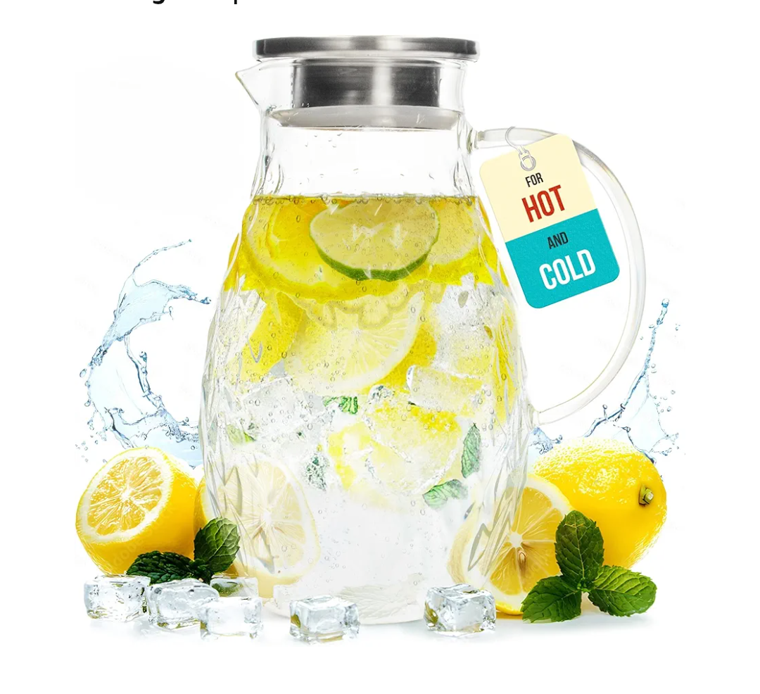 Glass Pitcher with Lid and Spout - 2 Liter / 68 oz, Borosilicate Glass w/Handle - Carafe for Hot/Cold Beverages - Water Jug - Iced Tea Pitcher - Juice Server - by PJC-Kitchen,2 Piece