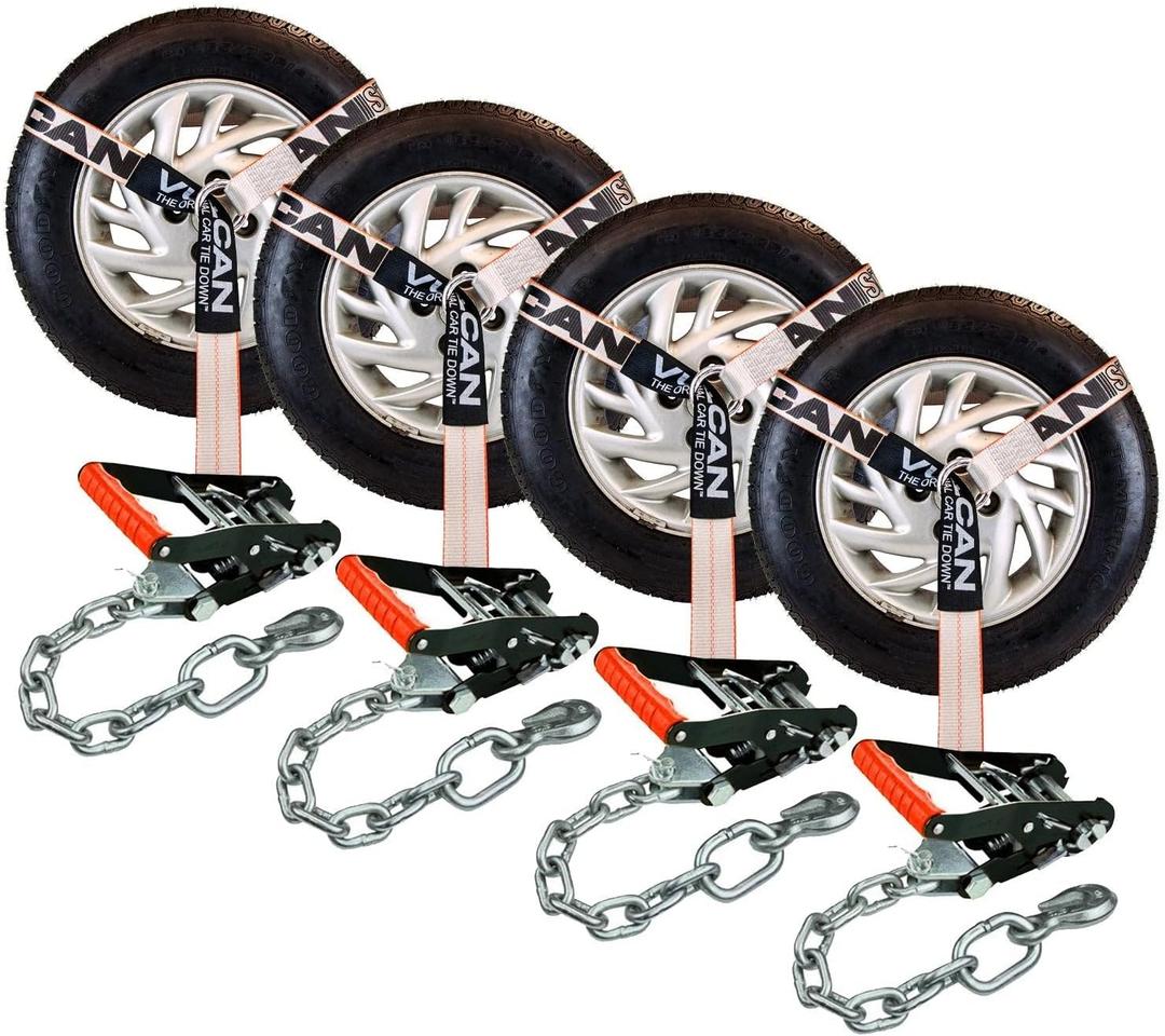 VULCAN Car Tie Down with Chain Anchors - Lasso Style - 2 Inch x 96 Inch - 4 Pack - Silver Series - 3,300 Pound Safe Working Load