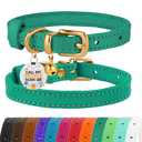 BRONZEDOG Leather Cat Collar with Bells Non Breakaway Kitten QR Tag for Girl Boy (7" - 9" for Cats, Green & Gold) 1 Ct
