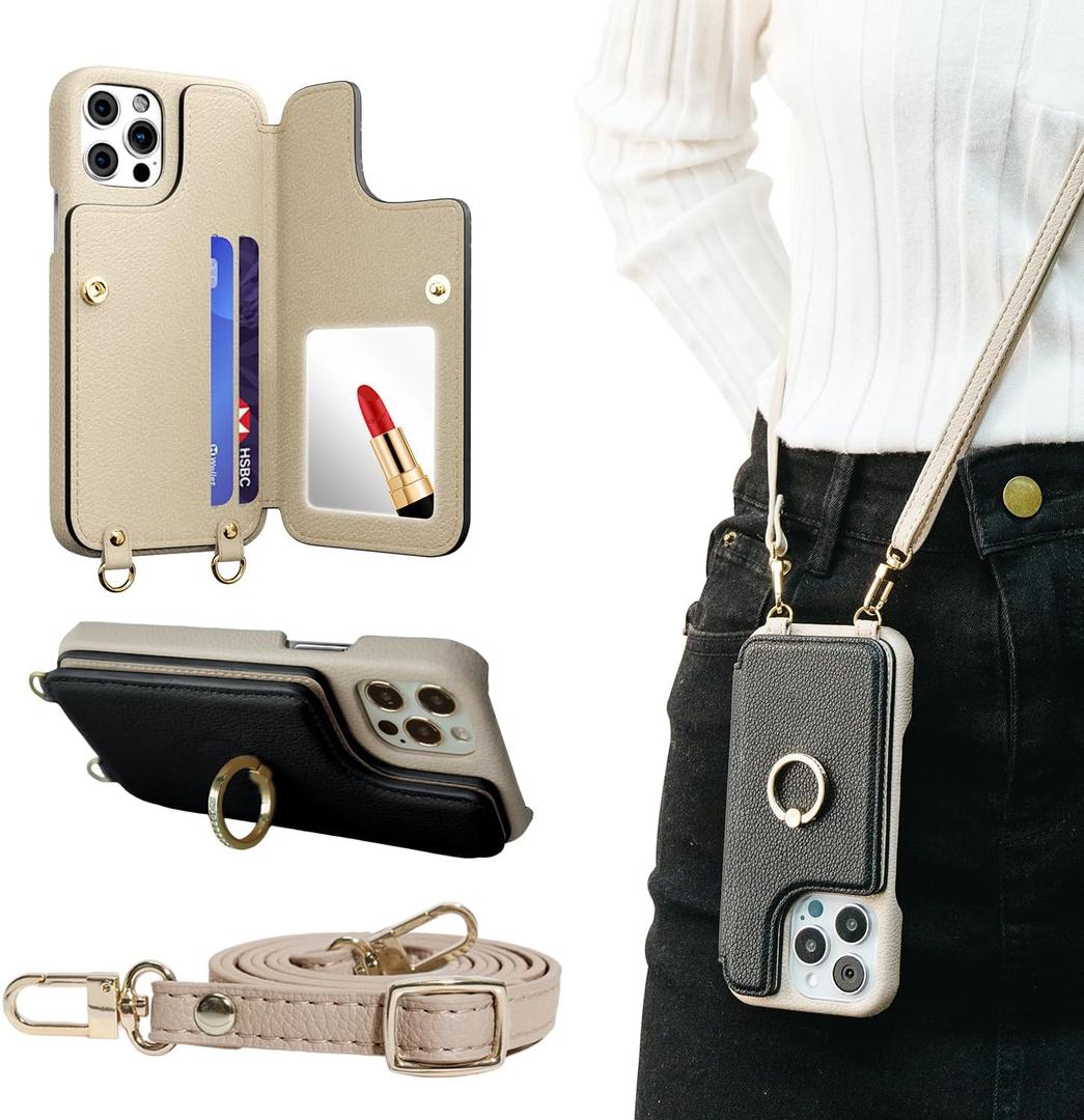 Crossbody Wallet Case for iPhone 13 Pro Max, Card Slot Phone Case with 360 Ring Stand, Built-in Makeup Mirror, Snap Closure, Adjustable Shoulder Strap, 6.7 Inch (Black)