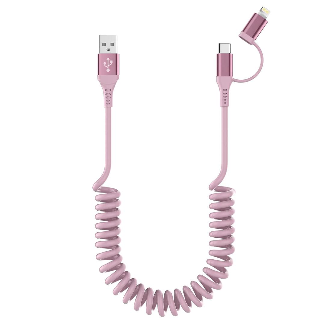 USB to USB-C and Lightning Cable Combo 2 in 1 Coiled Cable Apple Carplay & Android Auto Compatible [MFi& 3A Fast Charge& Data Sync] Coiled Lightning and USB C Cable for iPhone 16/15/14/13 Android, Pink