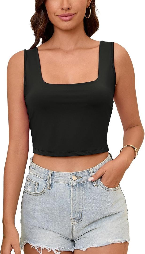 Women's Strappy Tank Square Neck Double Layer Workout Fitness Casual Basic Crop Tops (Black) L