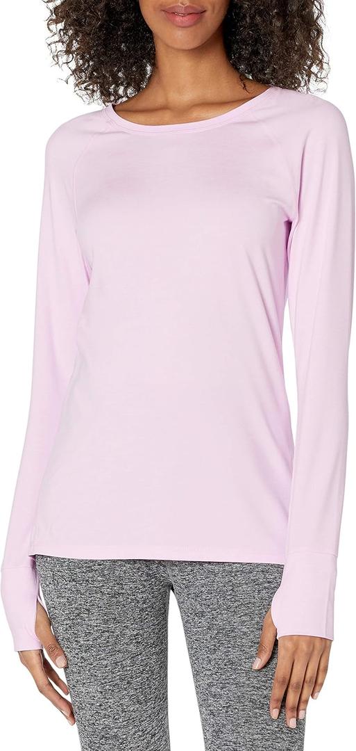 Amazon Essentials Women's Brushed Tech Stretch Long-Sleeve Crewneck Shirt (Available in Plus Size) (Pink, M)