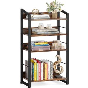 Hosfais Book Shelf Small Bookshelf: 4-Tier Wood Bookcase Industrial Bookshelf with Edge Protection Metal Narrow Bookcase Storage Organizer Display Rack for Bedroom Home Office (Brown)