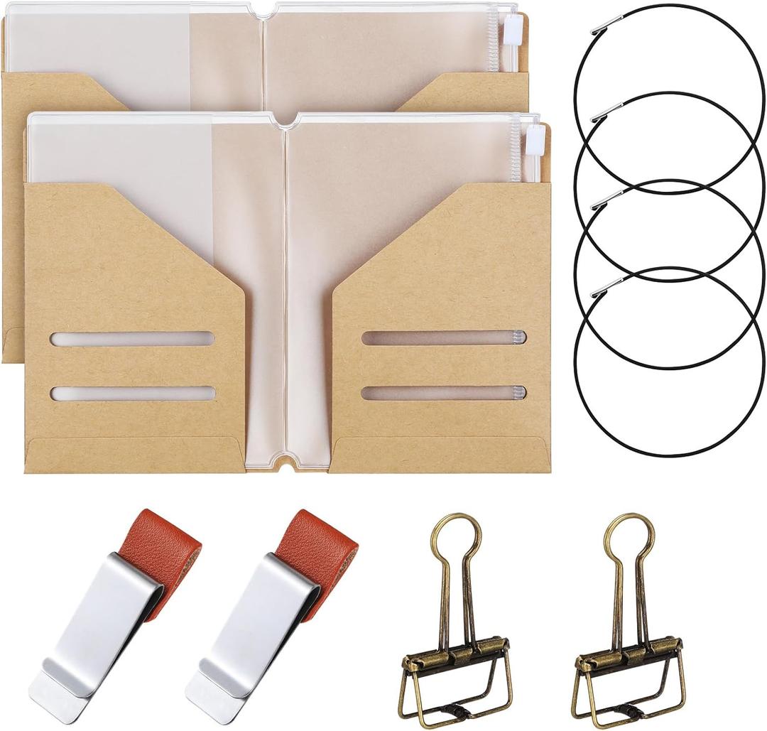 Travelers Journal Notebook Accessories Kit Include Travel Kraft File Folder, Zipper Case, Pen Holder, Binder Clip and Elastic Bands Travel Accessories Supplies(2 Pack,Passport Size)
