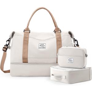 Travel Duffle Bag for Women,Weekender Overnight Bag with Shoe Compartment,Carry on Personal Item Travel Bag,3 Pcs Set,Beige & Brown