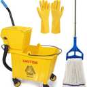35 Qt. Side-Press Mop Bucket and Wringer Combo on Wheels Yellow for Professional/Industrial/Business Heavy-Duty Floor Cleaning/Mopping,Including Industrial Mop and Rubber Gloves