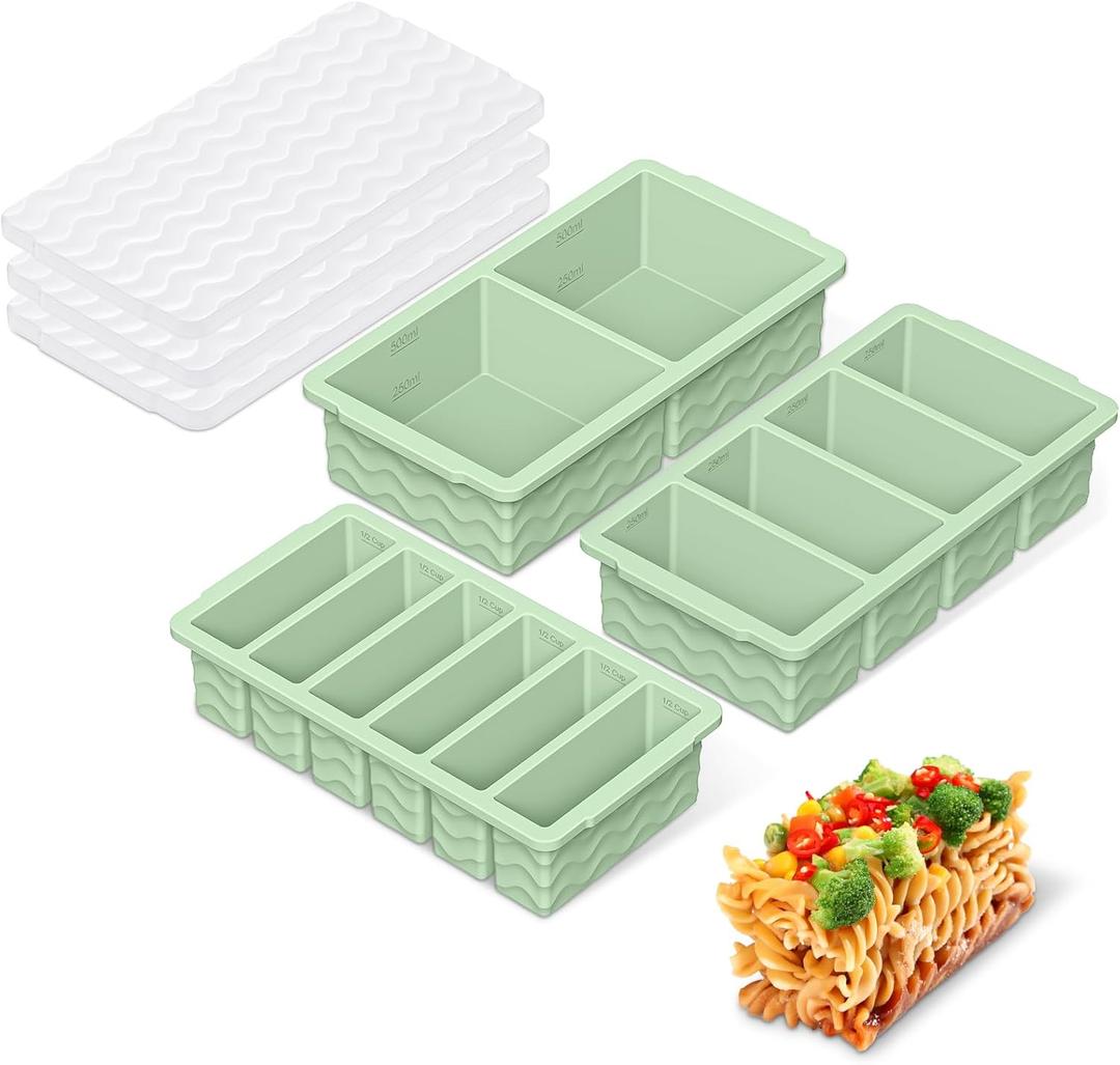Doasuwish 3-Pack Silicone Freezer Trays with Lid, 2 Large 2-Cup(500ml)&4 Medium 1-Cup(125ml)&6 Small 1/ 2-Cup(75ml) Soup Freezer Container Molds, Ice Cube Tray For Meal Prep&Freezing Soup, Stews, Sauces
