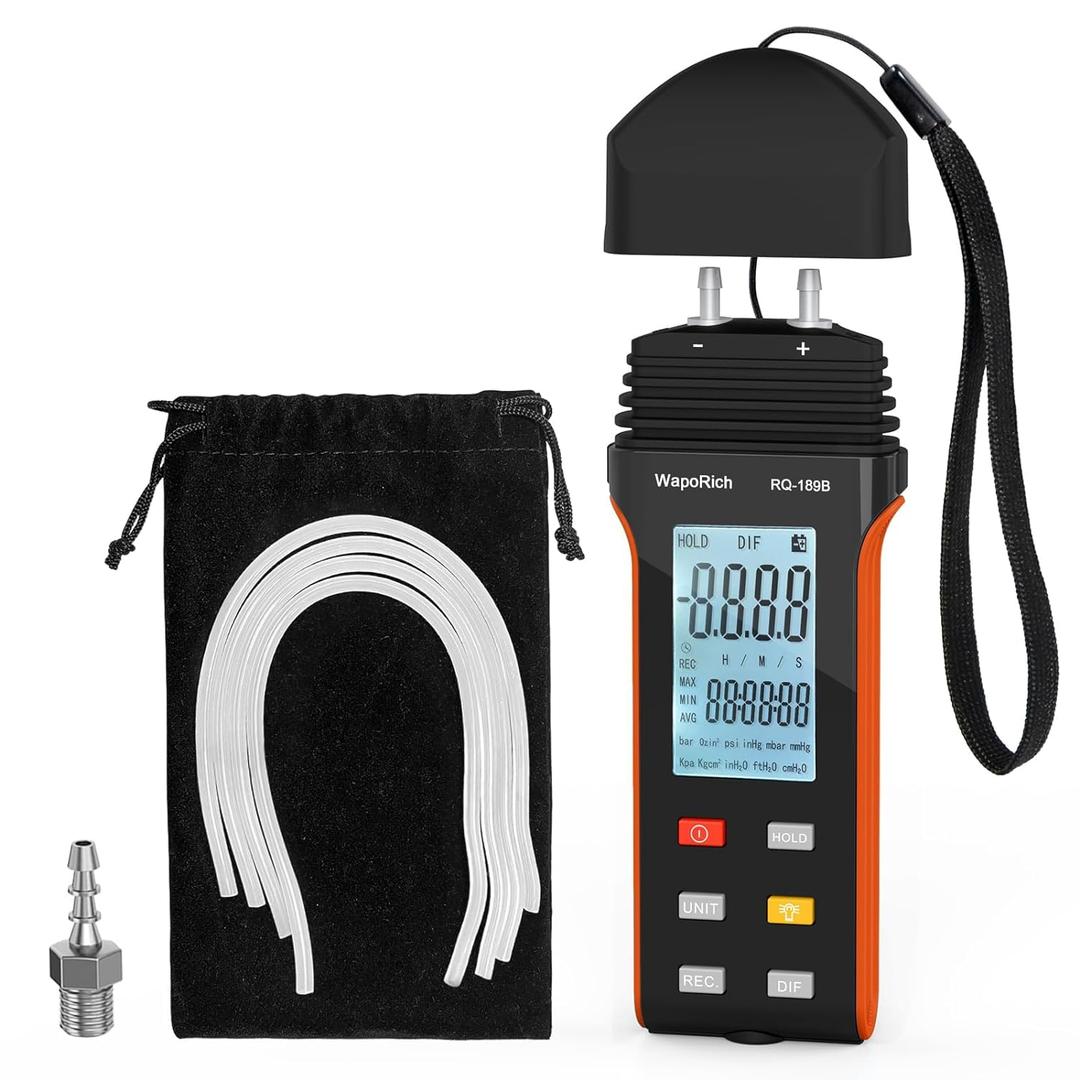 Manometer Air Pressure Meter, WapoRich Dual-Port HVAC Gas Pressure Tester 30Psi/206.8Kpa 0.3% with 11 Selectable Units of Differential Pressure Gauge, Backlight and Data Record (RQ-189B(Limit maximum pressure:30Psi))
