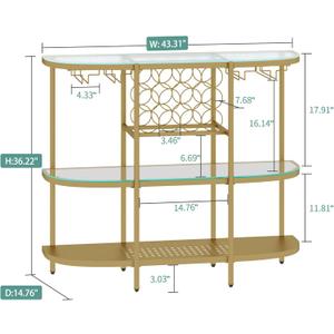 O&K FURNITURE Home Bar Table with Racks, 3 Tier Bar Table with Glass Holders, Cabinet with Open Shelf, Liquor Bar Coffee Bar Table for Living Room Kitchen, Gold