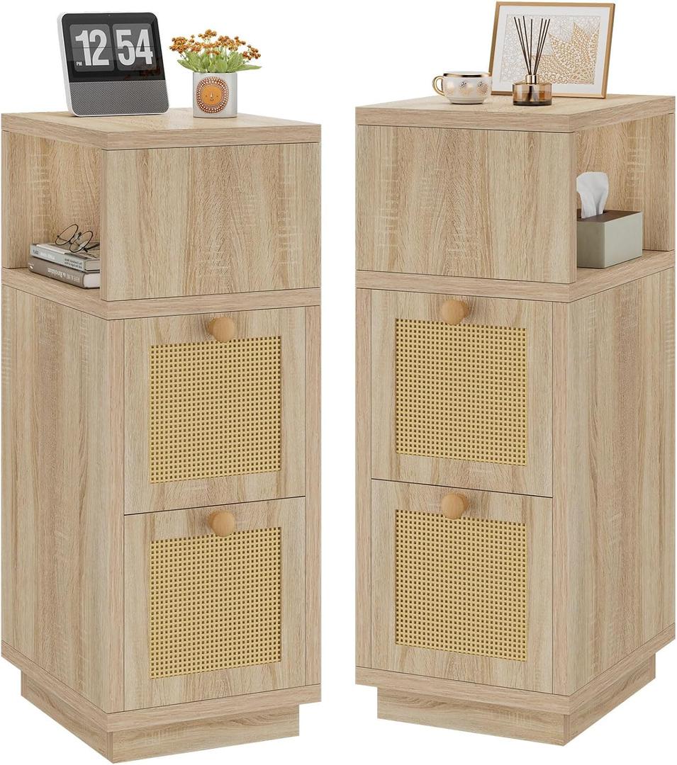 YMYNY Rattan Nightstands Set of 2, Boho Bedside Table with Open Shelf, 2 Drawers, 9.45" x 11.42" x 25.59", Narrow Side Table, Bedside Cabinet for Bedroom and Small Spaces, Natural UHST017N-2